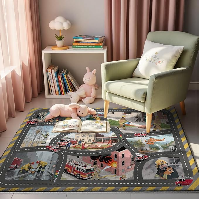 4x6ft Kids Fire Department Missions Play Rug,Non-Slip Faux Wool Carpet with Interactive Fire Department Missions Design for Playroom, Bedroom, Nursery Gift