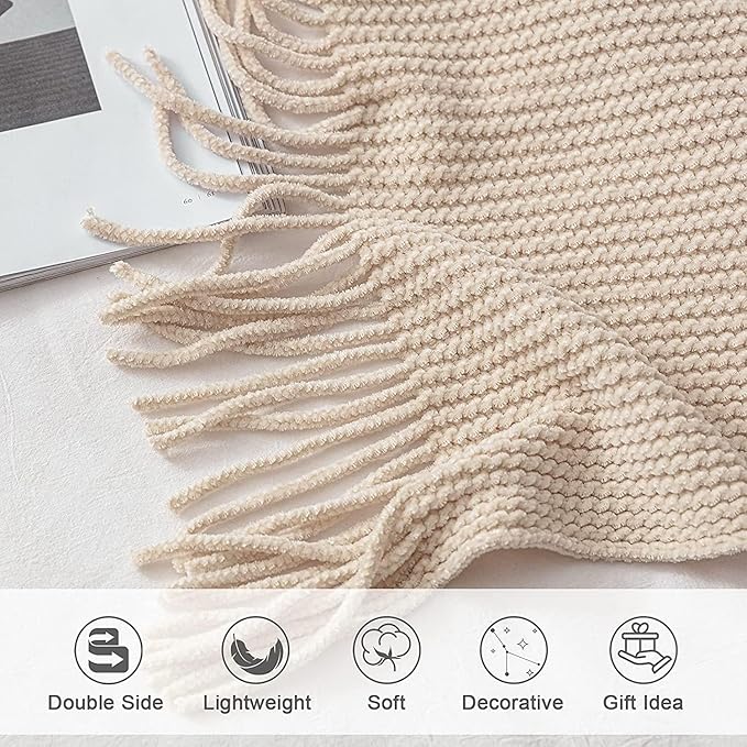 lifein Chenille Throw Blanket 60x80 - Soft Boho Knitted Blanket for Couch Cozy Farmhouse Decor Bed Throw, Lightweight All Season White/Cream Blanket, Decorative for Living Room Bedroom Spring Decor