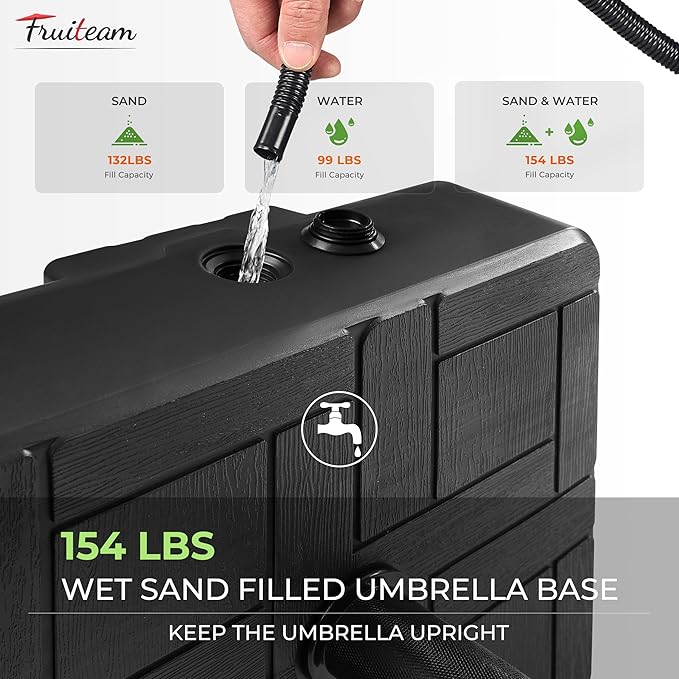 FRUITEAM 155lb Capacity Fillable Portable Umbrella Base with Wheels,Patio Umbrella Base Heavy Duty, Square Market Stand for Patio,Outdoor w/ 4 Wheels, 2 Knobs, Suitable for 6-12 ft Outdoor Umbrella