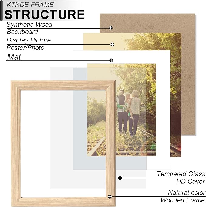 KTKDE 11x14 Picture Frame Real Glass, Display Pictures 8x10 with Mat or 11x14 Without Mat, Modern Style Wood Composite Frame,Gallery Wall Frame Wooden ，best gift