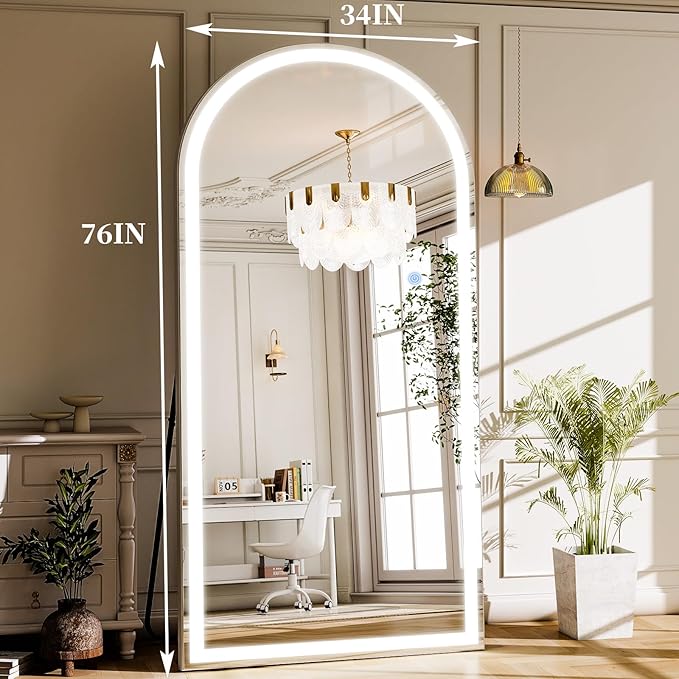 GLSLAND 34"x76" Arched LED Full Length Mirror with Lights Wall Mounted/Standing, Dimmable Floor Lighted Mirrors W/Anti-Fog, Touch Control for Bedroom, Dressing Room