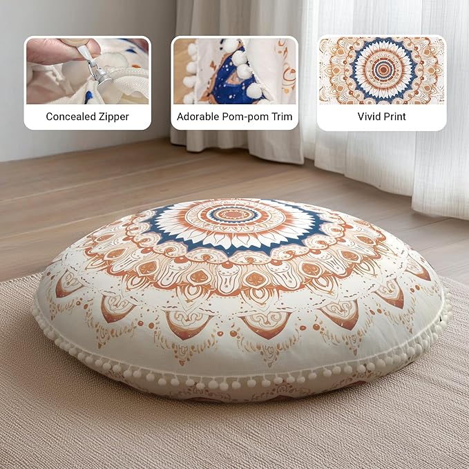 Meditation Cushion Set of 2, 32 Inch Extra Thick Memory Foam Round Floor Pillow with Removable Washable Cover, Bohemian Mandala Yoga Cushion for Adults - Ideal Holiday Decor, Blue