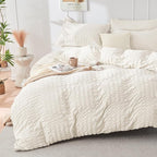 HYMOKEGE Ivory Queen Comforter Set Seersucker 7 Pieces, All Season Luxury Bed in a Bag for Bedroom, Bedding Set with Comforters, Sheets, Pillowcases & Shams