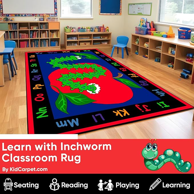KIDCARPET.COM Learn with Inchworm Rectangle Classroom Rug | Bordered Area Rug for Preschool Daycare Learning, 4' x 6'