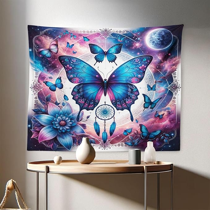 Ambesonne Boho Tapestry, Astral Dream in Outer Space with Fantasy Butterfly Dreamcatcher Moon, Fabric Wall Hanging Decor for Bedroom Living Room Dorm, 28" X 23", Pale Pink Sky Blue Indigo