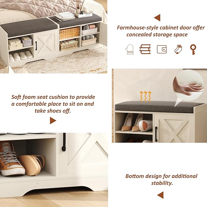 HOMEFORT 2-Tier Shoe Storage Bench with Padded Cushion Seat, Entryway Bench with Adjustable Shelf and Barn Door, 27.6" Farmhouse Shoe Rack Cabinet Bench, 300 lbs Capacity, for Bedroom, Antique White