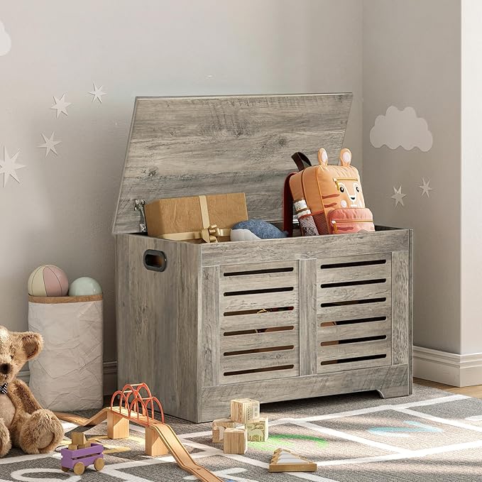 DINZI LVJ Storage Chest, Flip-Top Wooden Toy Box with 2 Safety Hinges, Entryway Shoe Storage Bench, Good Ventilation, Storage Trunk for Living Room, Bedroom, Easy Assembly, Gray Wash