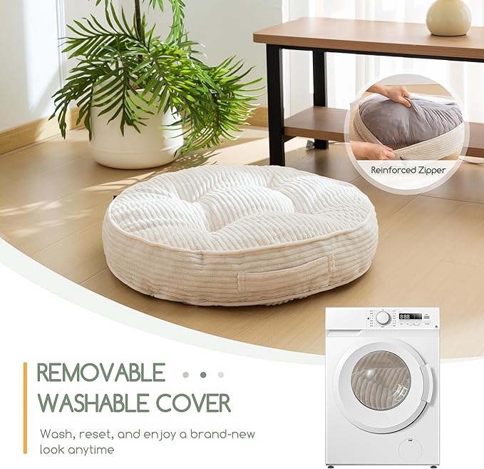 HIGOGOGO Washable Floor Pillow Cushion for Adults, Meditation Cushion Pillow, Large Round Floor Sitting, Removable Tufted Corduroy Cover, for Tatami Living Room or Yoga, 22x22 Inch, Machine Washable
