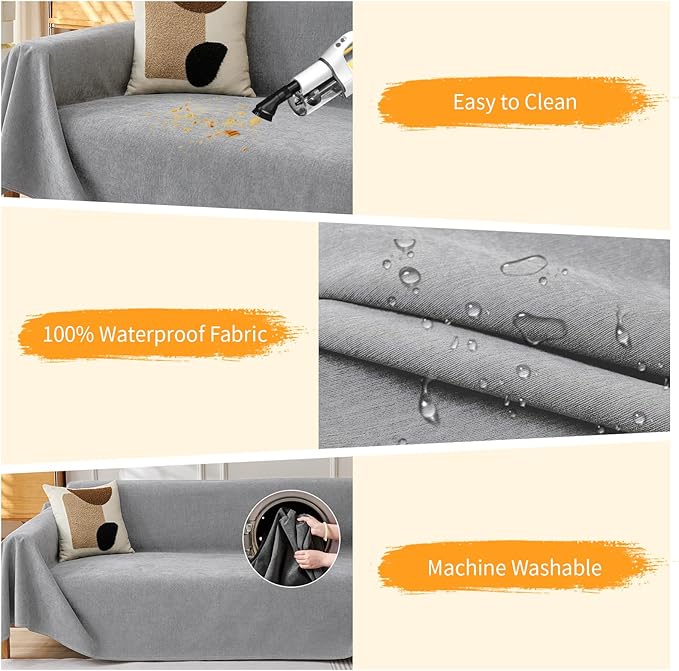 Deep Dream Cat-Scratch Resistant Couch Cover, Waterproof Sofa Cover for 3 Cushion Couch Washable,Pet Friendly Couch Protectors Anti Slip Thickened Sofa Slipcovers for Dogs Pets, 71" x 134",Light Grey