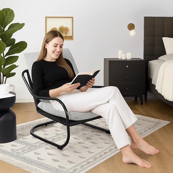 Peace nest Modern Accent Chair Comfy Living Room Suspended Chair Bedroom Armchair with Mental Frame Comfortable Upholstered Cushion for Balcony Lounge Reading Meeting Room Light Grey