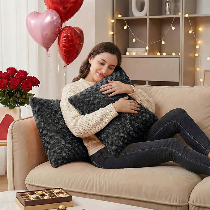 FUTEI Black Decorative Throw Pillow Covers 12x20 Inch Set of 2,Soft Solid Rose Swirl Textured Lumbar Pillow Case,Valentine's Day Decor for Couch Living Room