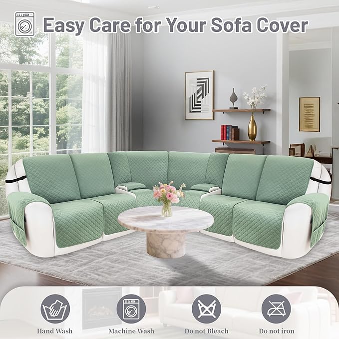Reclining Sectional Couch Covers 100% Waterproof Velvet L Shape Recliner Couch Covers for Sofa Pets Washable Anti Slip Recliner Slipcovers with Pockets (5 Seat Sofa with 2 Console, Sage Green)