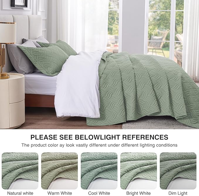 Love's cabin Quilts for Queen Bed Sage Bedspreads Bedding Set - Summer Lightweight Bedspread Comforter - Wave Pattern Bedding Coverlet for All Season - 3 Pieces (1 Quilt, 2 Pillow Shams)