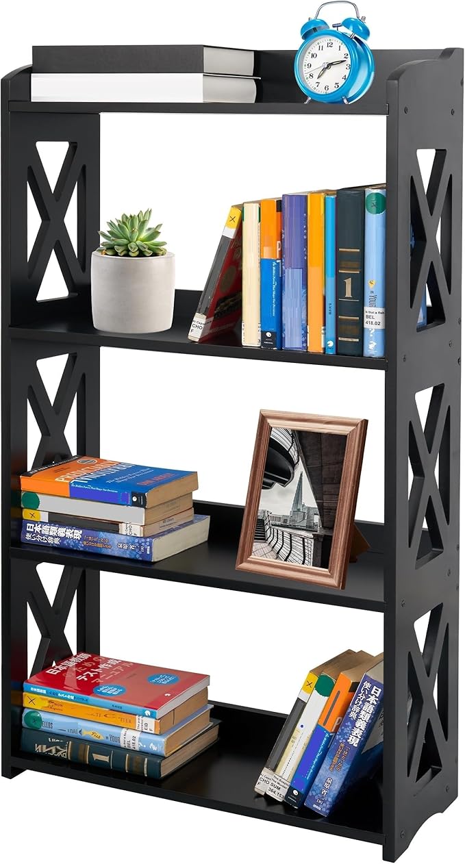 Black Bookcase by Natural Wood, 4 Tier Bookshelf, Small Book Shelves Freestanding Display Storage Shelves. Open Bookshelf for Bedroom, Living Room and Office (Black, 4 Tier)
