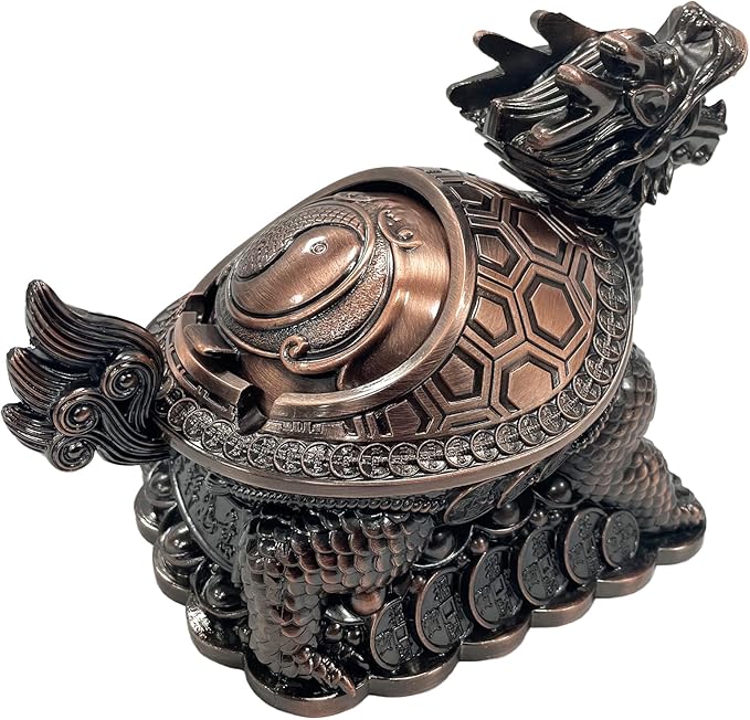 Feng Shui Dragon Turtle Multi Functional Metal Statue Wealth Prosperity Sculpture with Set of 5 Lucky Charm Ancient Coins on Red String Best Housewarming Congratulatory Gift Home Decor (D1 Bronze)