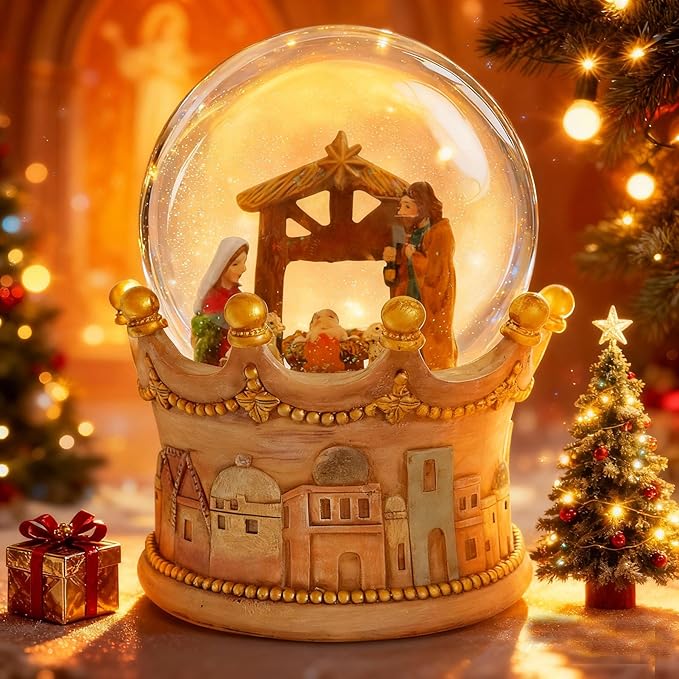 8.25 Inch Height Christmas Snow Globe with LED Light Musical Snowflakes Holiday Decoration, Nativity Scene Oversized Resin Snowglobes, Christmas Holiday Decor.