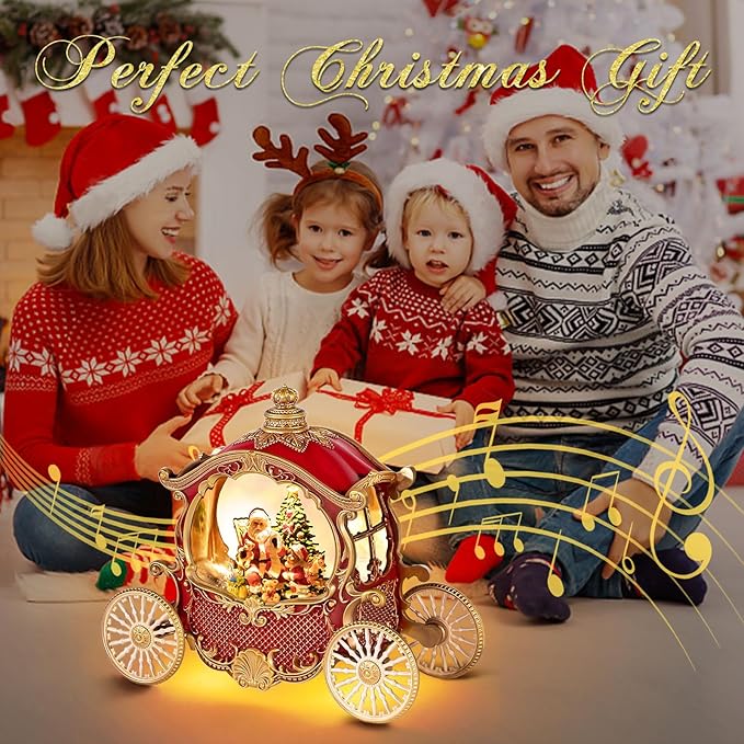 Christmas Snow Globes,Christmas Carriage Snow Globe with 8 Music & Timer, Battery Or USB Cable Powered Operated Glittering for Christmas Table Centerpiece Decoration.Santa,Christmas Tree