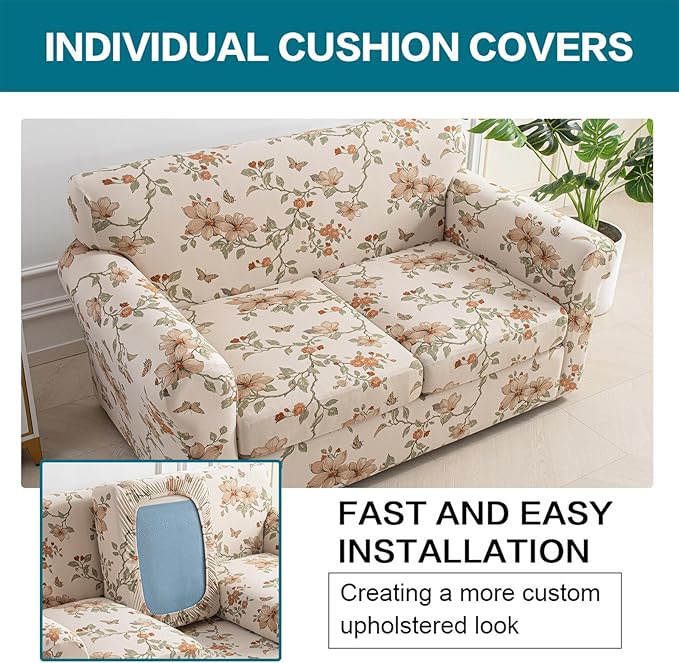 KRFOONN 3 Piece Printed Couch Cover for 2 Cushion Couch Stretch Sofa Loveseat Slipcover with 2 Separate Seat Cushion Covers Furniture Protector with Elastic Bottom for Living Room (Loveseat, 57)