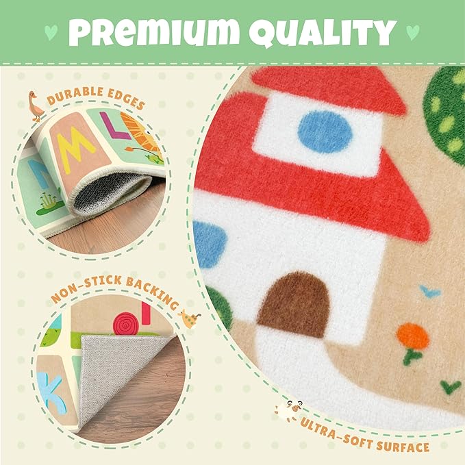 ABC Alphabet Rug for Nursery Room – 5x8 Baby Play Mat for Preschool, Washable Play Room Carpet, Soft & Safe Toddler Crawling Map with Fun Educational Letters and Cute Cartoon Art Decor