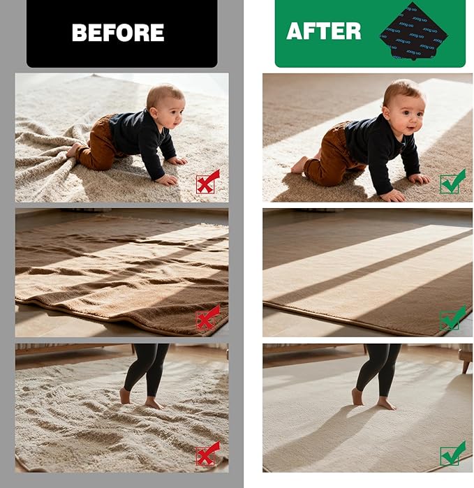8 PCS Non Slip Rug Pads, Carpet Tape and Rug Tape for Hardwood Floors, Extra Thick and Double Sided Adhesive to Secure Area Rugs on Tile and Laminate, No Residue