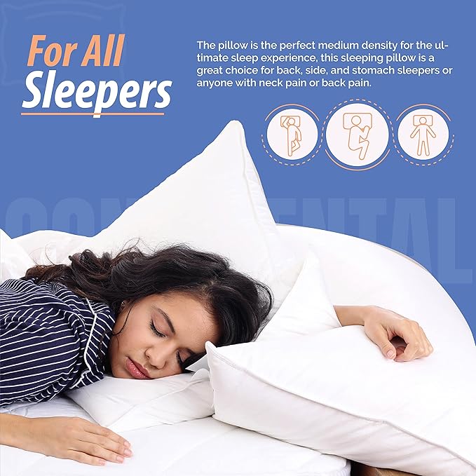 Continental Bedding Affinity Down Alternative Pillow, Medium Firm, 300TC 100% Cotton Shell, for Side, Back, and Stomach Sleepers