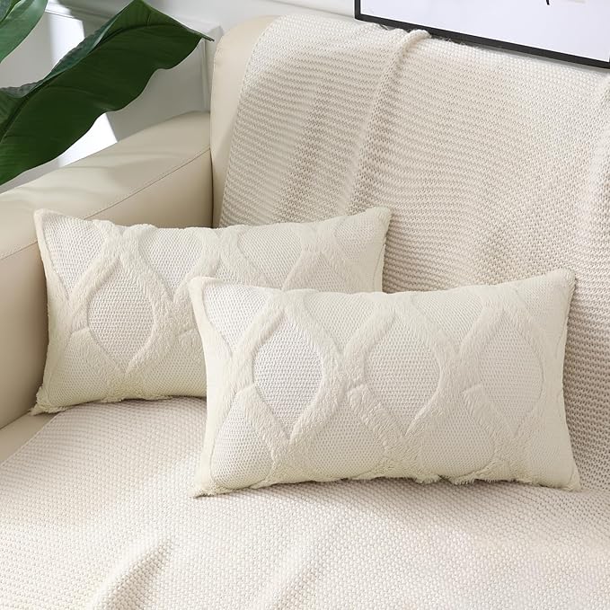 decorUhome Spring Throw Pillow Covers 12x20 Inch Set of 2, Soft Plush Faux Fur Wool Lumbar Beige Couch Pillow Covers, Decorative Neutral Pillow Cases for Bed Sofa Living Room Home Decor