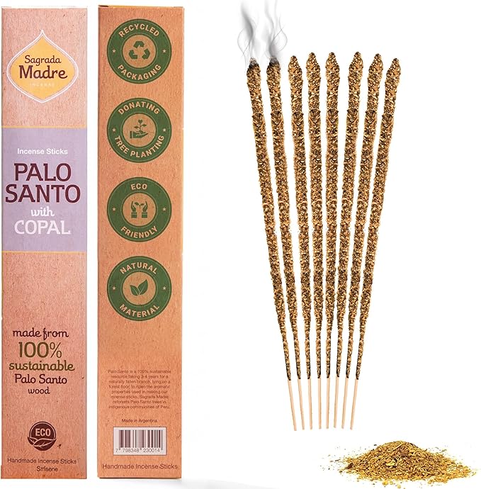 Sagrada Madre 8pcs Wildly Harvested Thick Palo Santo Incense Sticks (Copal), 9” Long - Non-Toxic, Aromatic Incense Sticks (1hr Burning Time) to Heal & Calm Your Body and Environment-Pack x 3