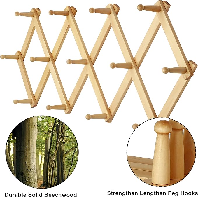 Dseap Accordian Wall Hanger: 16” High Wooden Wall Expandable Coat Rack, Hat Rack Holder, Accordion Hook for Baseball Caps, Coats, Mugs, 13 Peg Hooks, Natural