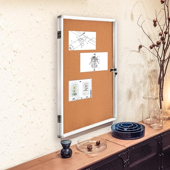 BIBOC Enclosed Cork Bulletin Board Weatherproof Display Cases Tamperproof Notice Poster Memo Board with Aluminum Frame,36x24 inches (Cork12)
