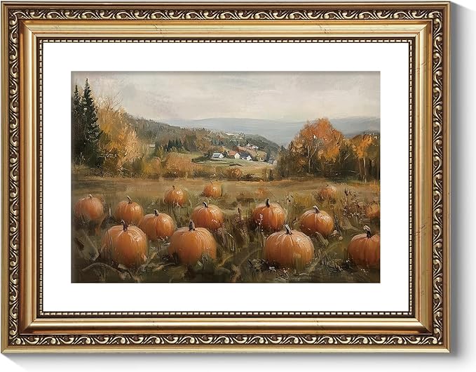 ARPEOTCY Vintage Gold Framed Wall Art Decor, 11x14 Inch Pumpkin Field Picture Artwork, Classical Farmhouse Fall Wall Art for Living Room Bedroom Study, Retro kitchen Autumn Decor Aesthetic