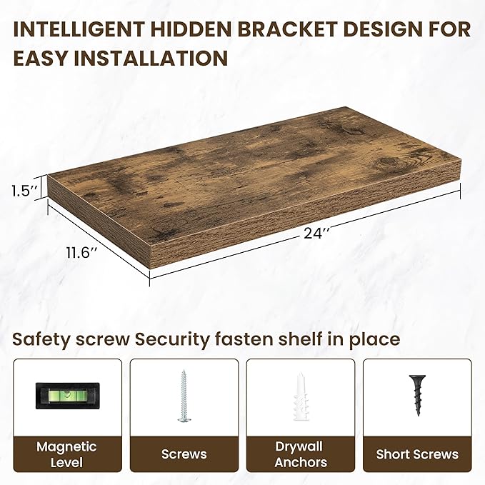 24 Inch Floating Shelves, 12 Inch Deep Floating Shelves for Wall, Floating Shelf with Invisible Brackets, Deep Shelves for Bathroom, Bedroom, Living Room, 2 Pack, Brown