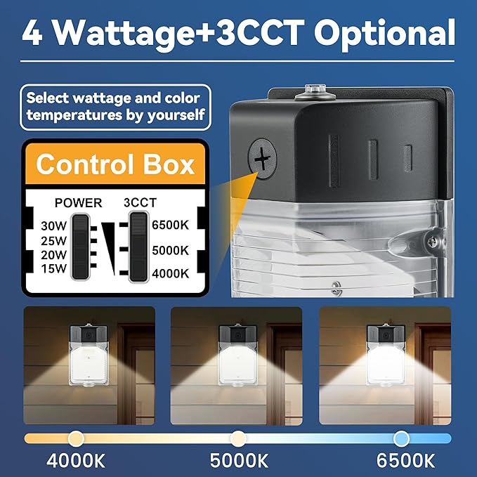 30W LED Wall Pack Light with Dusk to Dawn Photocell 4Pack, 3CCT 4000/5000/6500K, 15/20/25/30W Selectable, LED Wall Lights Outdoor Security Lighting for House Garage Yard Garden, 100-277VAC, ETL Listed