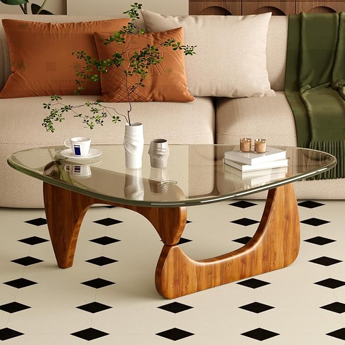 Coffee Table for Living Room Mid Century Modern Center Table with Glass Top and Wood, Transparent/Walnut