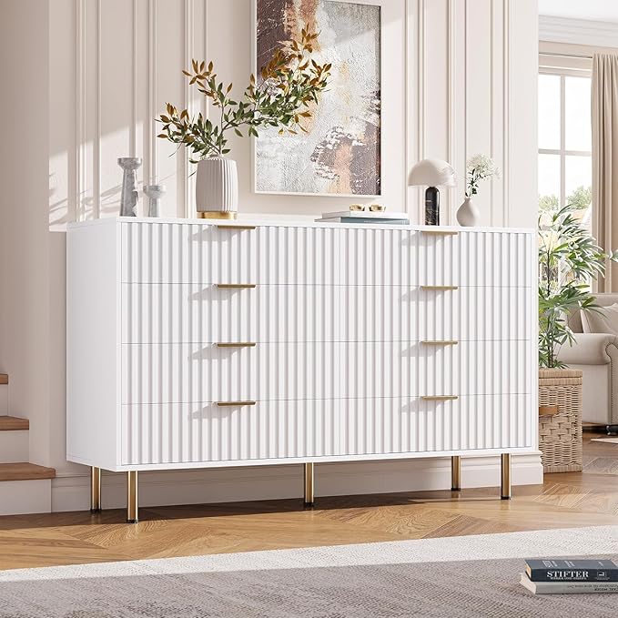 GarveeHome 8 Drawer Dresser for Bedroom, Fluted 55 in Wide Modern Chest of Drawers with Deep Drawers, Wooden Dresser Organizer for Living Room, Hallway, Kids Room, White