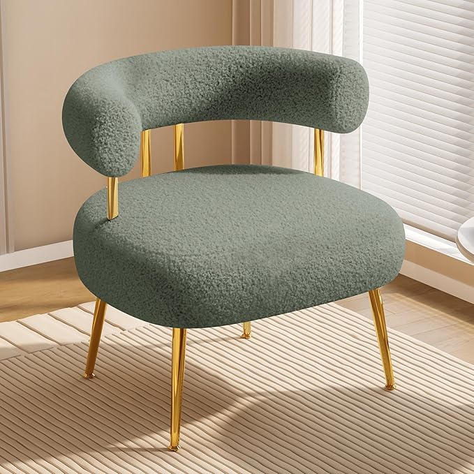 Mid Century Sherpa Boucle Accent Chair, Round Upholstered Barrel Arm Chair for Small Spaces, Fluffy Side Corner Sofa Chair for Living Room, Bedroom, Vanity, Office, Reading Nook(Green)