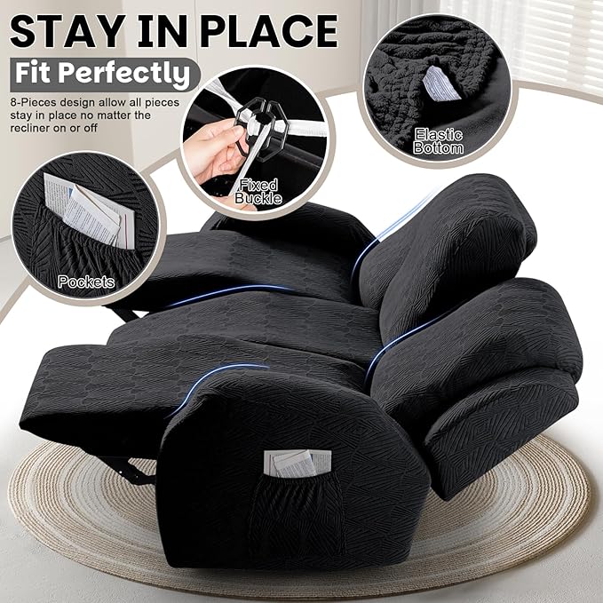 VANSOFY Recliner Couch Cover, 8-Pieces Stretch Recliner Sofa Cover Soft Jacquard Reclining Slipcover Furniture Protector with Elastic Bottom for Kid, Pets(3 Seat,Black)