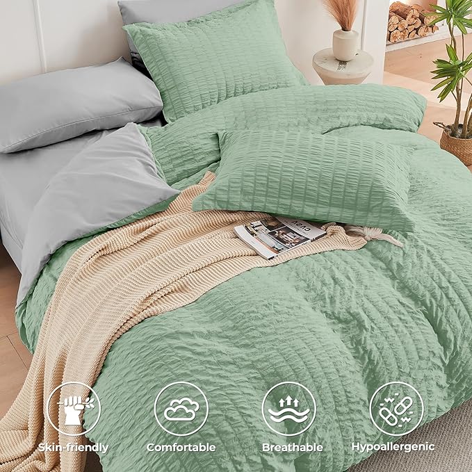 HYMOKEGE Sage Green/Light Grey Twin XL Comforter Set Seersucker 5 Pieces, All Season Luxury Bed in a Bag for Bedroom, Bedding Set with Comforter, Sheets, Pillowcase & Sham