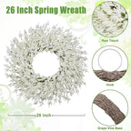 26 Inch Spring Wreaths for Front Door Large Spring Door Wreath Easter Valentines Wild Floral Summer Wreaths Outside All Season for Farmhouse Porch Wall Wedding Living Room Home Decor(White)