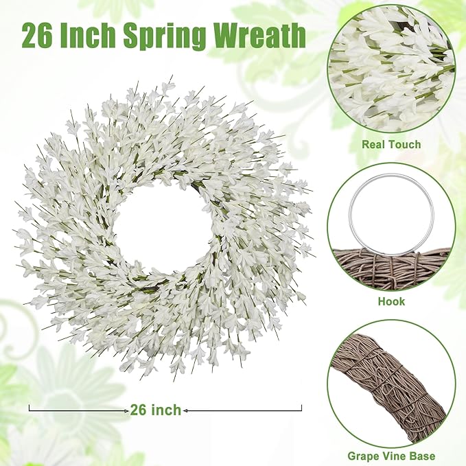 26 Inch Spring Wreaths for Front Door Large Spring Door Wreath Easter Valentines Wild Floral Summer Wreaths Outside All Season for Farmhouse Porch Wall Wedding Living Room Home Decor(White)