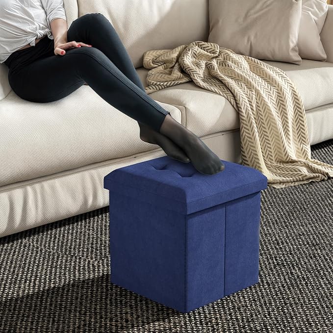MoNiBloom 15 Inch Storage Ottoman Cube, Folding Square Foot Rest Stool, Small Ottoman Footrest with Storage for Living Room, Bedroom, Entryway, Navy Blue