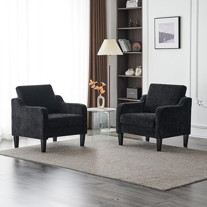 VINGLI Living Room Chairs Set of 2, Black Accent Chair 5.5" Thick Seat Cushion Comfy Chair Soft Chenille Side Chair Upholstered Arm Chair for Bedroom, Play Room, Apartment, Office (Black)