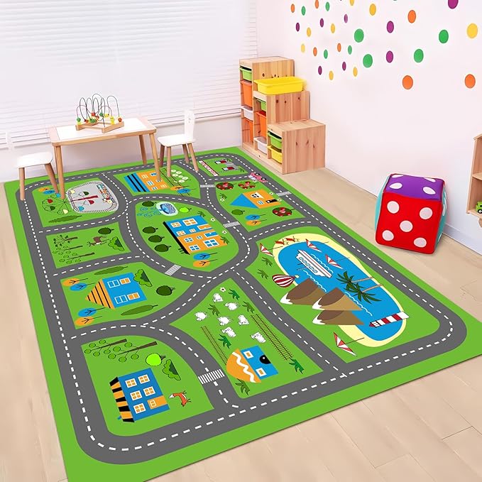 Kids Car Playmat, Kids Rug for Playroom Car Mat Town City Road Traffic Rugs, Play Mat for Floor, Extra Large Boys Kid Car Track Play Rug (Style Three, 59X 39.4 INCH)