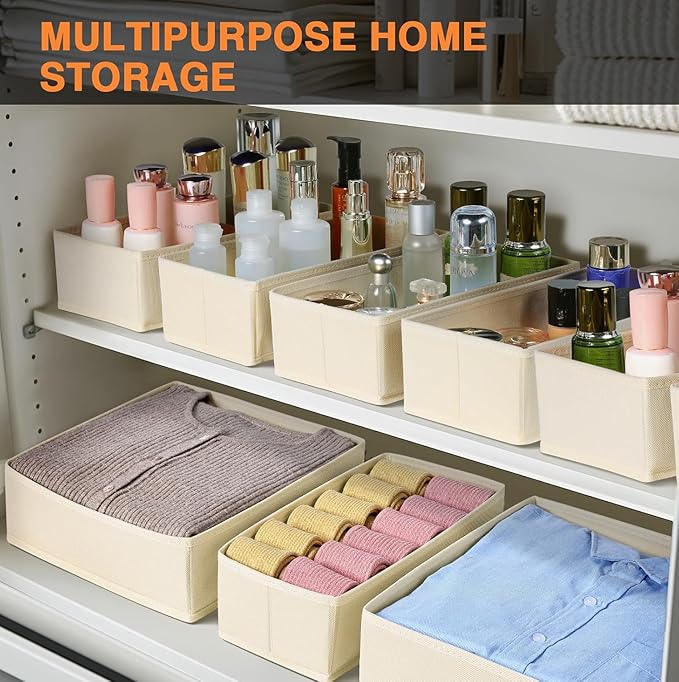 DIMJ Drawer Organizer Clothes 6 Pack - Foldable Baby Organizers and Storage & Dresser Organizer for Bedroom, Closet - Nursery Organization Dresser Dividers for underwear, Sock,Bra, Belt, Tie, Beige