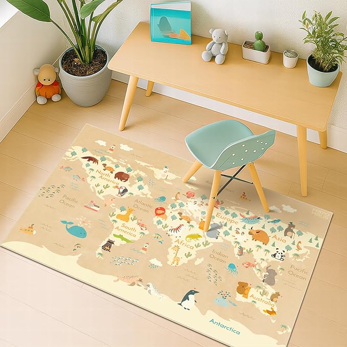 3x5 Animal World Map Bedroom Rug for Kids – Soft Educational Play Mat with Cute Animals by Continent, Washable Stain Resistant Toddler Baby Nursery Rug - Beige