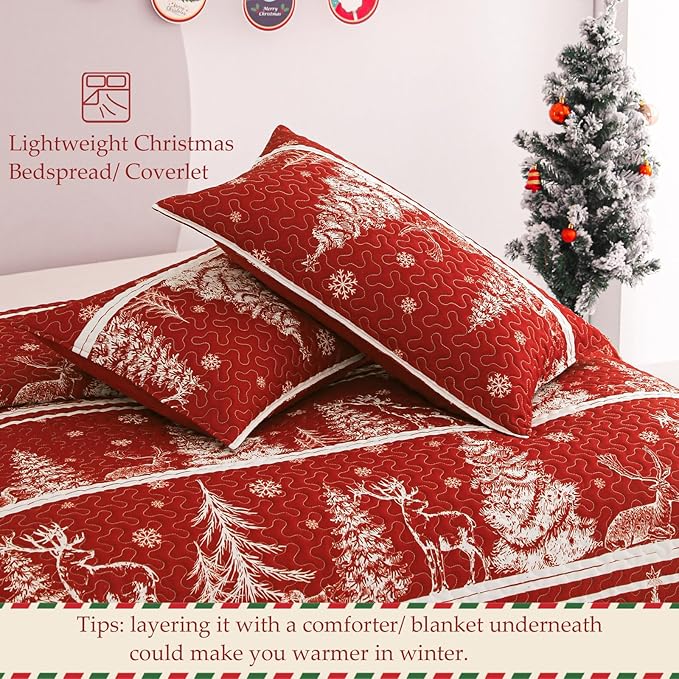 Exclusivo Mezcla Reversible Christmas Quilts Queen Size, Red Bedspread Lightweight Coverlet Winter Quilt Bedding Set with Printed Striped Trees Snowflakes Pattern (1 Quilt, 2 Pillow Shams)