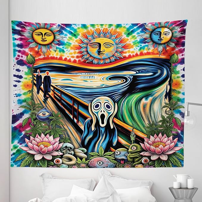 Ambesonne Trippy Tapestry King Size, Tie Dye Effect Esoteric Sun Moon Psychedelic the Scream Interpretation with Flowers, Wall Hanging Bedspread Bed Cover Wall Decor, 104" X 88", Multicolor
