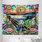 Ambesonne Trippy Tapestry King Size, Tie Dye Effect Esoteric Sun Moon Psychedelic the Scream Interpretation with Flowers, Wall Hanging Bedspread Bed Cover Wall Decor, 104" X 88", Multicolor