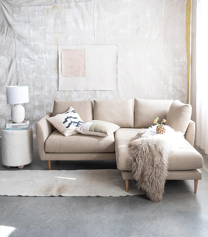 Bloomingville Round Sherpa Upholstered Pouf with Pine Wood Feet, Cream and Natural