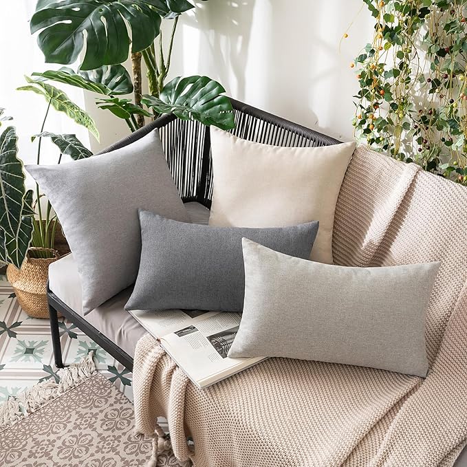 MIULEE Pack of 2 Decorative Outdoor Solid Waterproof Throw Pillow Covers Faux Linen Garden Farmhouse Cushion Cases for Patio Tent Balcony Couch Sofa 20x12 Inch Light Grey