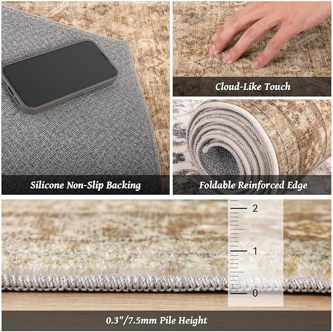 Washable 5x7 Area Rugs for Living Room, Boho Non-Slip Vintage Distress Rugs for Bedroom Dining Room Nursery Office, 0.3" Neutral Oriental Throw Thin Carpet with Cushioning Pad, Brown/White/Multi